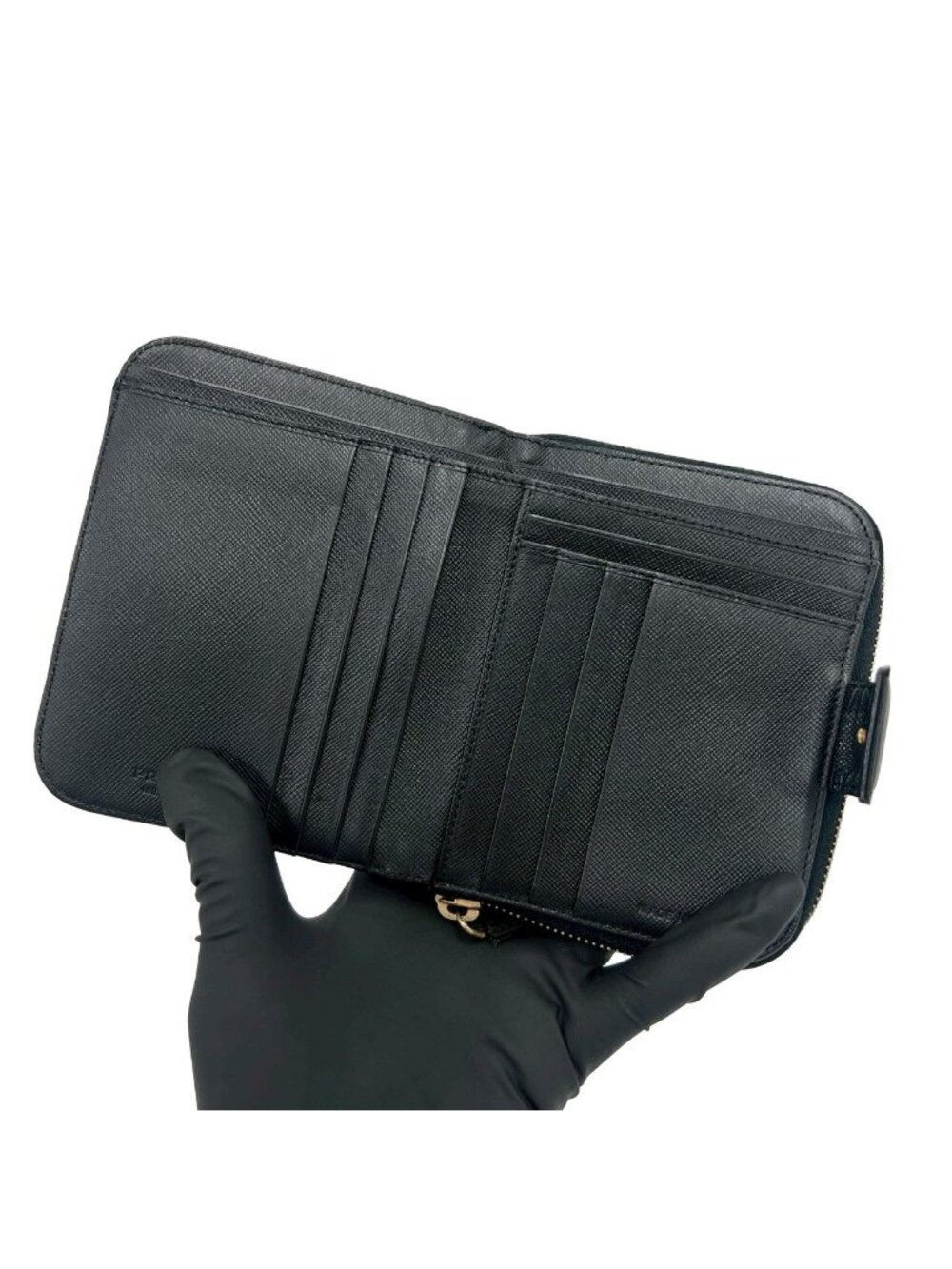 Prada Triangle Logo Tessuto Nylon Saffiano Leather Round Zip Bifold Wallet Black - Picture 7 of 10